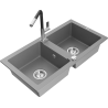 Mexen Mario Granitspüle 2-Becken mit Küchenarmatur Flora, grau - 6504-71-670401-07