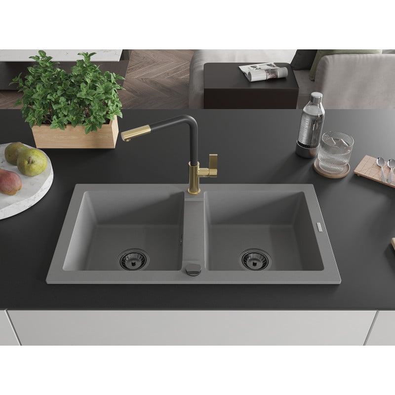 Mexen Mario Granit Spüle 2-Kammer mit Küchenarmatur Flora, grau - 6504-71-670401-57-B