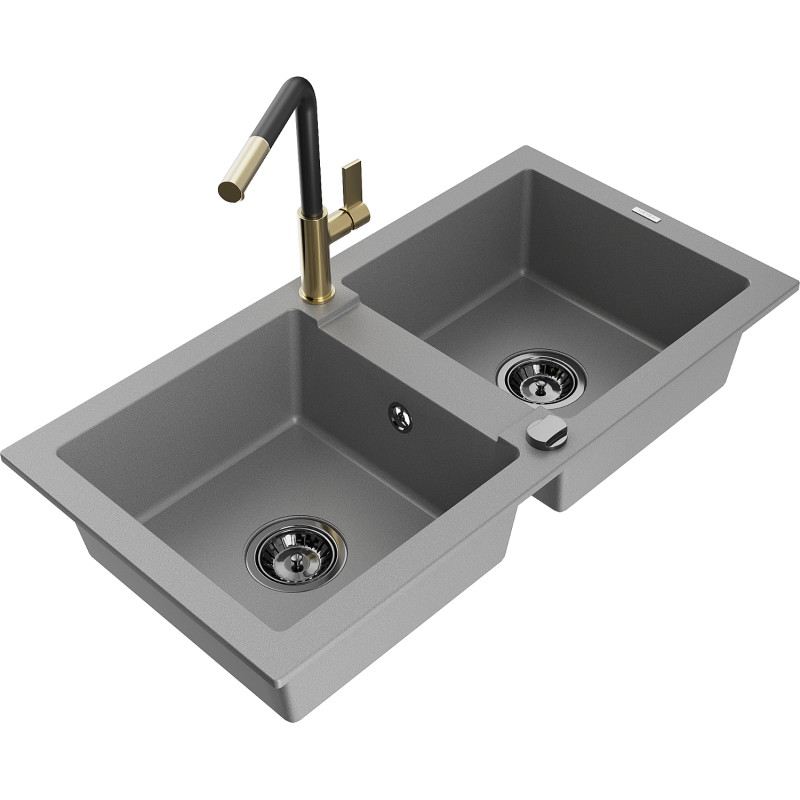 Mexen Mario Granit-Spüle 2-Becken mit Küchenarmatur Flora, grau - 6504-71-670401-57-B