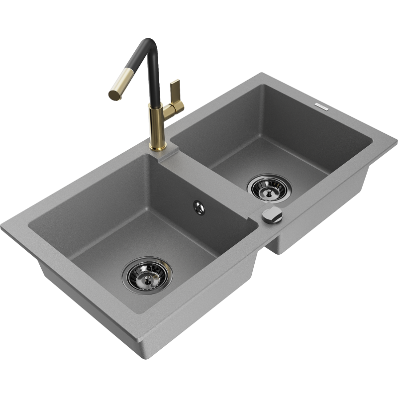 Mexen Mario Granit Spüle 2-Kammer mit Küchenarmatur Flora, grau - 6504-71-670401-57-B