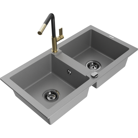 Mexen Mario Granit-Spüle 2-Becken mit Küchenarmatur Flora, grau - 6504-71-670401-57-B
