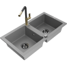 Mexen Mario Granit-Spüle 2-Becken mit Küchenarmatur Flora, grau - 6504-71-670401-57-B