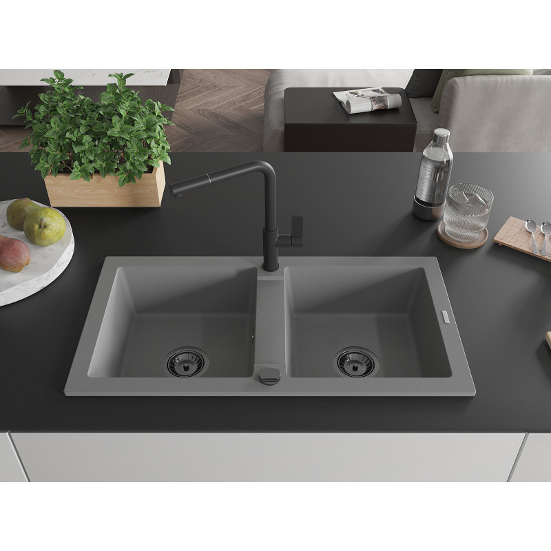 Mexen Mario Granitspüle 2-fach mit Küchenarmatur Flora, grau - 6504-71-670401-70-B