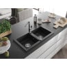 Mexen Mario Granitspüle 2-Becken mit Küchenarmatur Flora, schwarz/silber metallic - 6504-73-670401-00