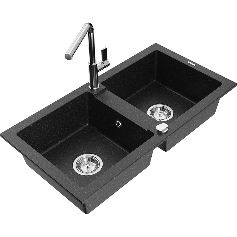 Mexen Mario Granitspüle 2-Kammer mit Küchenarmatur Flora, schwarz/silber metallic - 6504-73-670401-00