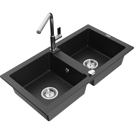 Mexen Mario Granitspüle 2-Becken mit Küchenarmatur Flora, schwarz/silber metallic - 6504-73-670401-00
