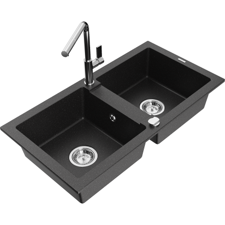 Mexen Mario Granitspüle 2-Kammer mit Küchenarmatur Flora, schwarz/silber metallic - 6504-73-670401-00