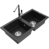 Mexen Mario Granitspüle 2-Becken mit Küchenarmatur Flora, schwarz/silber metallic - 6504-73-670401-00