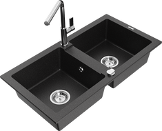 Mexen Mario Granitspüle 2-Becken mit Küchenarmatur Flora, schwarz/silber metallic - 6504-73-670401-00