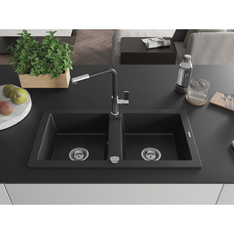 Mexen Mario Granitspüle 2-Becken mit Küchenarmatur Flora, schwarz/silber metallic - 6504-73-670401-07