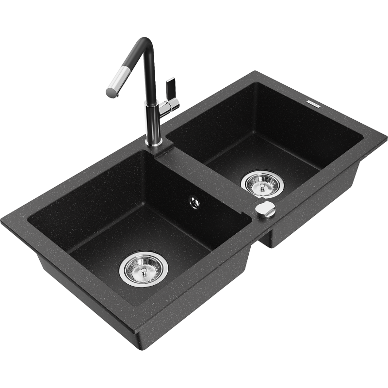 Mexen Mario Granitspüle 2-Becken mit Küchenarmatur Flora, schwarz/silber metallic - 6504-73-670401-07