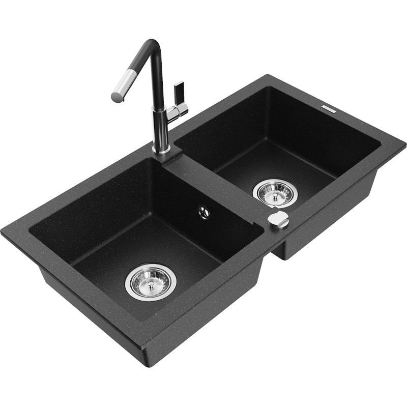 Mexen Mario granitspüle mit 2 kammern und Flora Küchenarmatur, schwarz/silber metallisch - 6504-73-670401-07