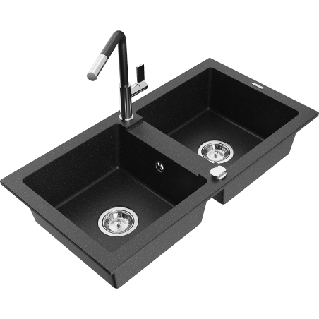 Mexen Mario Granitspüle 2-Becken mit Küchenarmatur Flora, schwarz/silber metallic - 6504-73-670401-07