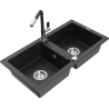 Mexen Mario Granitspüle 2-Becken mit Küchenarmatur Flora, schwarz/silber metallic - 6504-73-670401-07