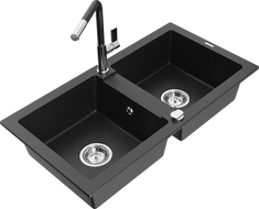 Mexen Mario Granitspüle 2-Becken mit Küchenarmatur Flora, schwarz/silber metallic - 6504-73-670401-07