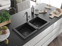 Mexen Mario Granitspüle 2-Komponenten mit Küchenarmatur Flora, schwarz/silber Metallic - 6504-73-670401-07-B