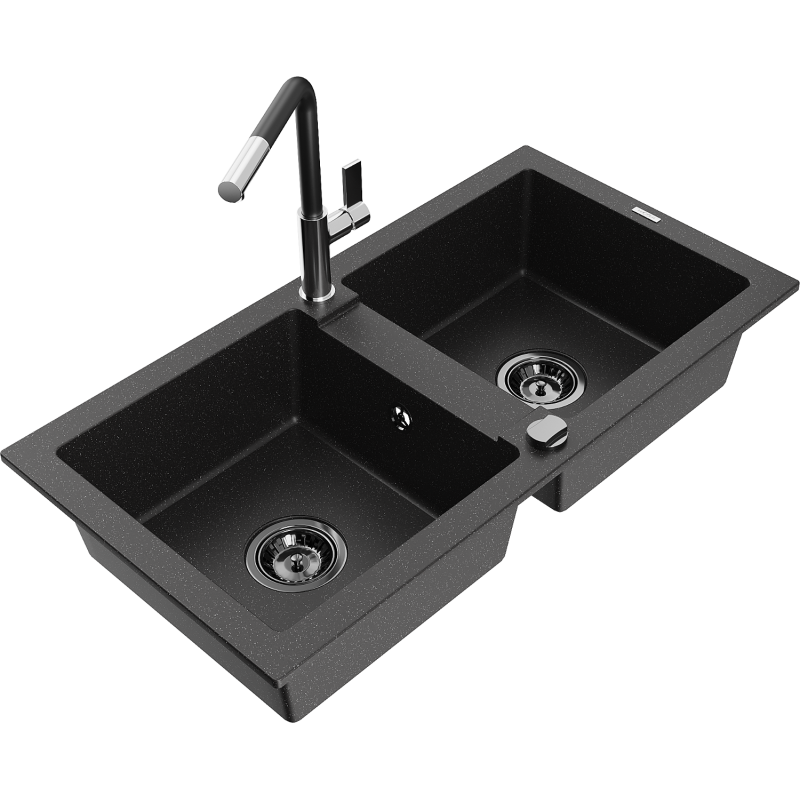 Mexen Mario Granitspüle 2-Komponenten mit Küchenarmatur Flora, schwarz/silber Metallic - 6504-73-670401-07-B