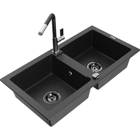 Mexen Mario Granitspüle 2-Komponenten mit Küchenarmatur Flora, schwarz/silber Metallic - 6504-73-670401-07-B