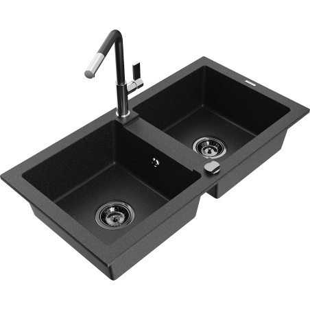 Mexen Mario Granitspüle mit 2 Becken und Küchenarmatur Flora, schwarz/silber metallic - 6504-73-670401-07-B