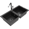 Mexen Mario granitspüle 2-Kammer mit Küchenarmatur Flora, schwarz/silber metallic - 6504-73-670401-07-B