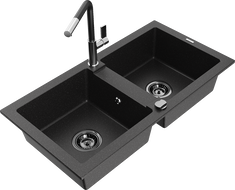 Mexen Mario Granitspüle 2-Komponenten mit Küchenarmatur Flora, schwarz/silber Metallic - 6504-73-670401-07-B