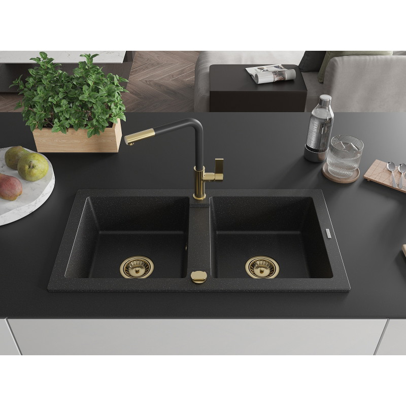 Mexen Mario granitspüle 2-beckig mit Küchenarmatur Flora, schwarz/silber metallic - 6504-73-670401-57-G