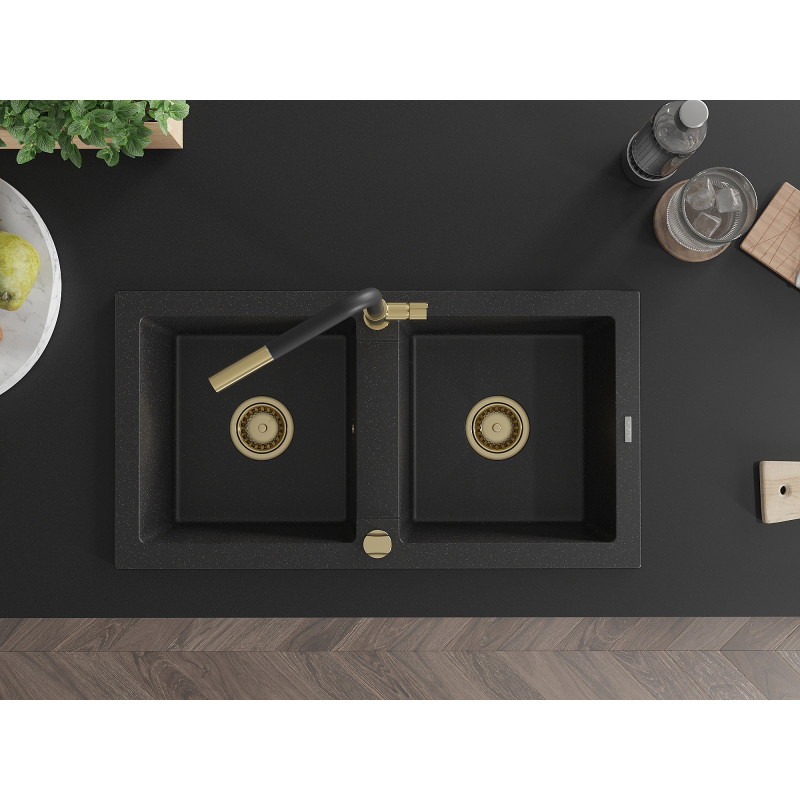 Mexen Mario granitspüle 2-beckig mit Küchenarmatur Flora, schwarz/silber metallic - 6504-73-670401-57-G