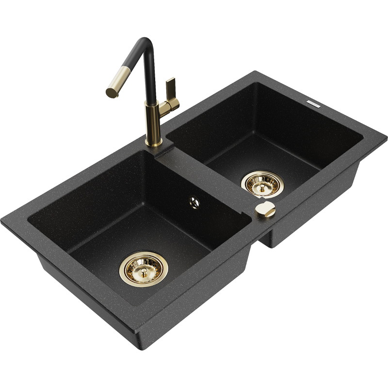 Mexen Mario granitspüle 2-beckig mit Küchenarmatur Flora, schwarz/silber metallic - 6504-73-670401-57-G