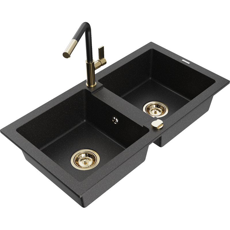 Mexen Mario Granitspüle 2-Kammer mit Küchenarmatur Flora, schwarz/silber metallic - 6504-73-670401-57-G