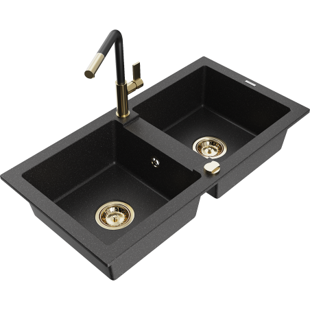 Mexen Mario granitspüle 2-beckig mit Küchenarmatur Flora, schwarz/silber metallic - 6504-73-670401-57-G