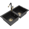 Mexen Mario granitspüle 2-beckig mit Küchenarmatur Flora, schwarz/silber metallic - 6504-73-670401-57-G