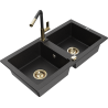 Mexen Mario Granitspüle 2-Kammer mit Küchenarmatur Flora, schwarz/silber metallic - 6504-73-670401-57-G