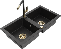 Mexen Mario Granitspüle 2-Kammer mit Küchenarmatur Flora, schwarz/silber metallic - 6504-73-670401-57-G