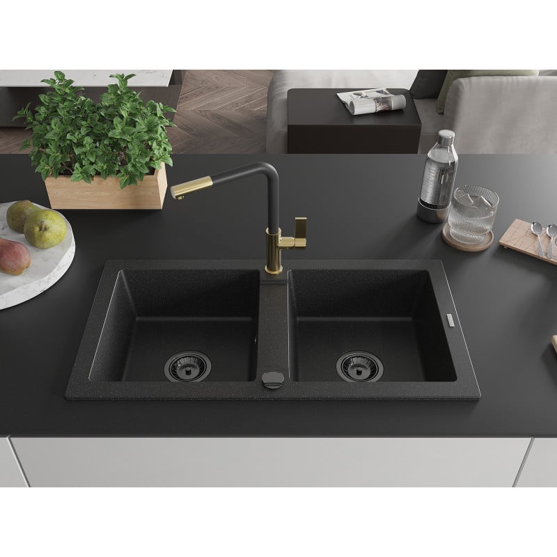 Mexen Mario Granitspüle 2-becken mit Küchenarmatur Flora, schwarz/silber metallic - 6504-73-670401-57-B