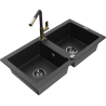 Mexen Mario Granitspüle 2-becken mit Küchenarmatur Flora, schwarz/silber metallic - 6504-73-670401-57-B