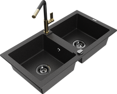 Mexen Mario Granitspüle 2-becken mit Küchenarmatur Flora, schwarz/silber metallic - 6504-73-670401-57-B