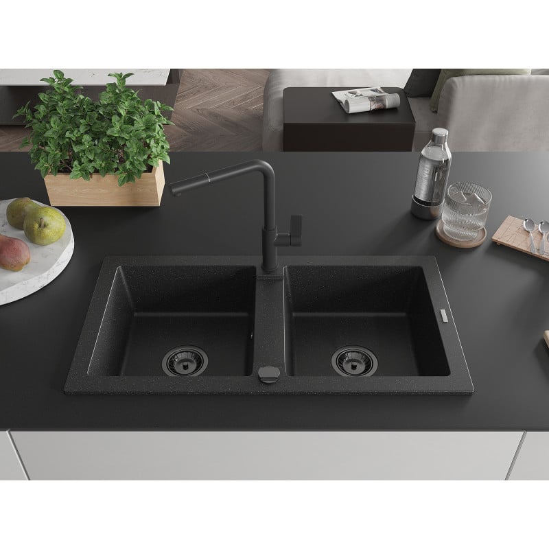Mexen Mario Granitspüle, 2-beckig mit Küchenarmatur Flora, schwarz/silber metallic - 6504-73-670401-70-B