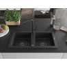 Mexen Mario Granitspüle, 2-beckig mit Küchenarmatur Flora, schwarz/silber metallic - 6504-73-670401-70-B