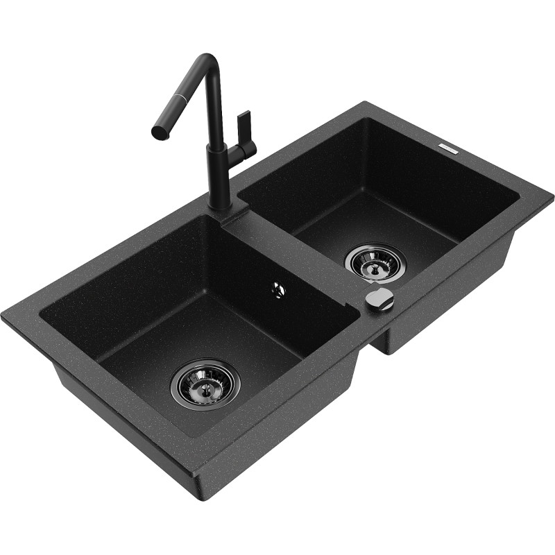 Mexen Mario Granitspüle 2-Kammer mit Küchenarmatur Flora, schwarz/silber Metallic - 6504-73-670401-70-B