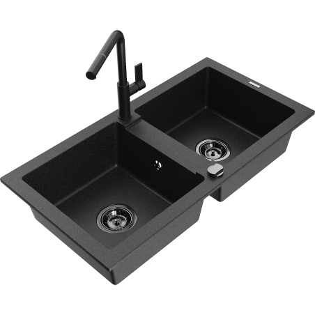 Mexen Mario Granitspüle 2-Kammer mit Küchenarmatur Flora, schwarz/silber Metallic - 6504-73-670401-70-B