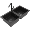 Mexen Mario Granitspüle, 2-beckig mit Küchenarmatur Flora, schwarz/silber metallic - 6504-73-670401-70-B