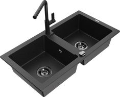 Mexen Mario Granitspüle, 2-beckig mit Küchenarmatur Flora, schwarz/silber metallic - 6504-73-670401-70-B