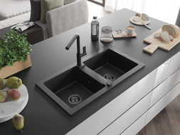 Mexen Mario Granitspüle, 2-beckig mit Küchenarmatur Flora, schwarz/silber metallic - 6504-73-670401-70-B