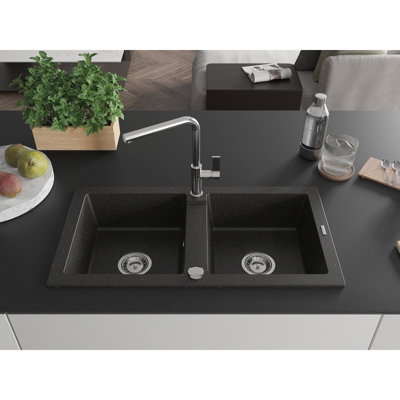 Mexen Mario Granitspüle 2-Kammer mit Küchenarmatur Flora, Schwarz/Gold Metallic - 6504-75-670401-00