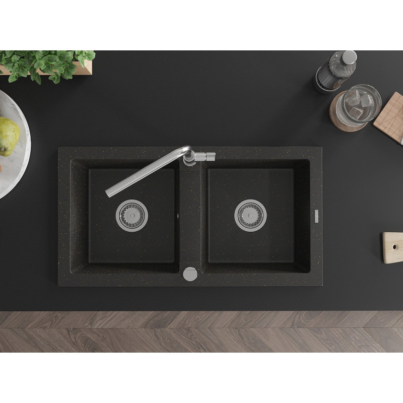 Mexen Mario Granitspüle mit zwei Becken und Kücharmatur Flora, schwarz/gold metallic - 6504-75-670401-00