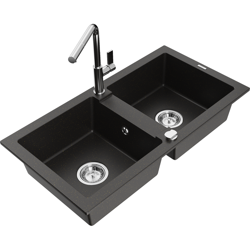 Mexen Mario Granitspüle 2-Kammer mit Küchenarmatur Flora, Schwarz/Gold Metallic - 6504-75-670401-00