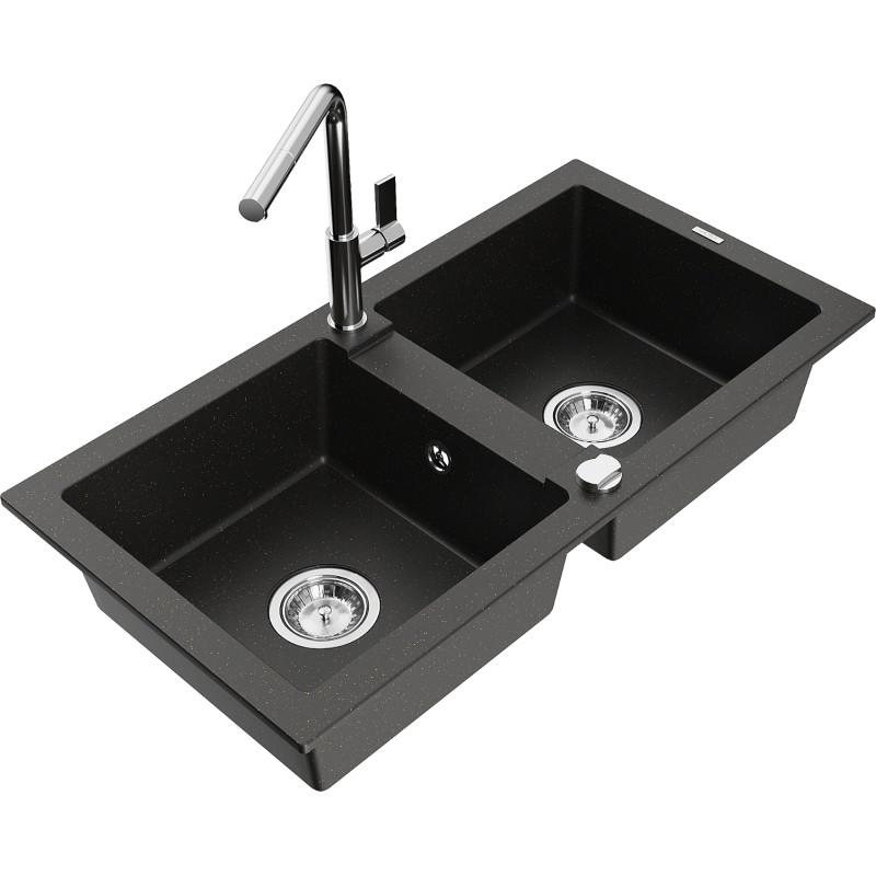 Mexen Mario Granitspüle mit zwei Becken und Kücharmatur Flora, schwarz/gold metallic - 6504-75-670401-00