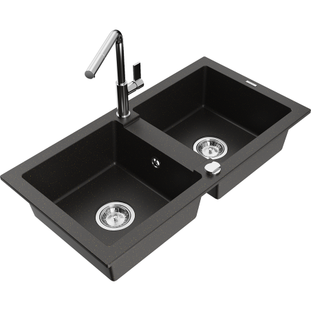 Mexen Mario Granitspüle 2-Kammer mit Küchenarmatur Flora, Schwarz/Gold Metallic - 6504-75-670401-00