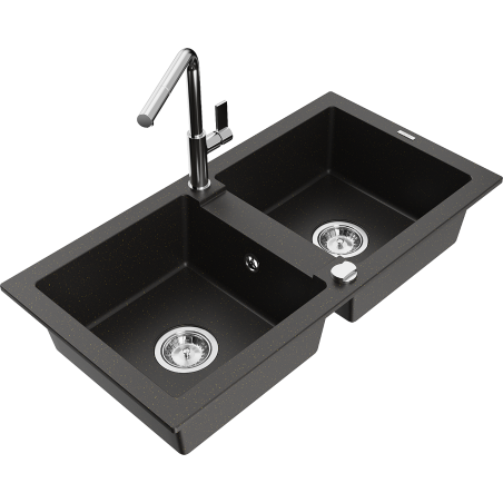 Mexen Mario Granitspüle mit zwei Becken und Kücharmatur Flora, schwarz/gold metallic - 6504-75-670401-00