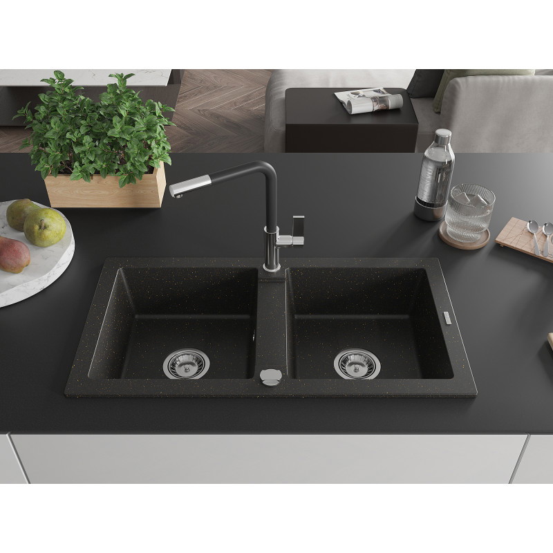 Mexen Mario Granitspüle 2-Becken mit Küchenarmatur Flora, schwarz/gold metallic - 6504-75-670401-07